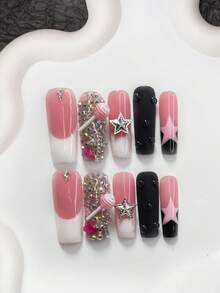 10pcs Princess Style Acrylic Nail Art Decoration Set, Including 3D Lollipop, Silver Star, Rose Red Flower, Silver Rhinestones, Solid Color Water Drops Nails Handmade Press On Nails - Multicolor - View 4