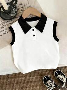 Sleeveless Boys' Basketball Shooting Print Polo Shirt, Creative Design Highlights Personalized, Suitable For Spring/Summer Casual Wear - Black - View 4