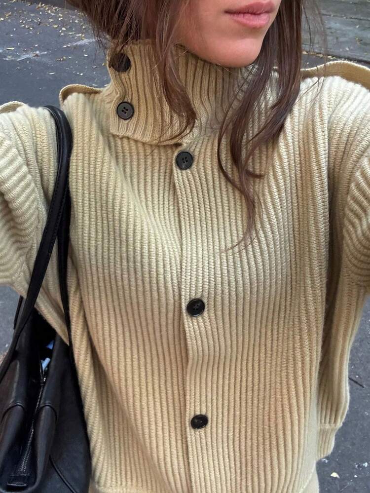 女士休闲针织开衫，立领纯色长袖宽松毛衣，百搭优雅女式外套 - 橄欖綠 - 查看 8