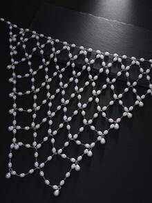 1件养殖珍珠发链流苏头饰，优雅新娘婚礼配饰，女士 - 銀色 - 查看 6