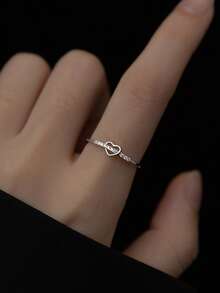 HuooNew Fashionable 925 Sterling Silver Heart-Shaped Cubic Zirconia Adjustable Single Ring, Suitable For Women's Daily Wear - Silver - View 3