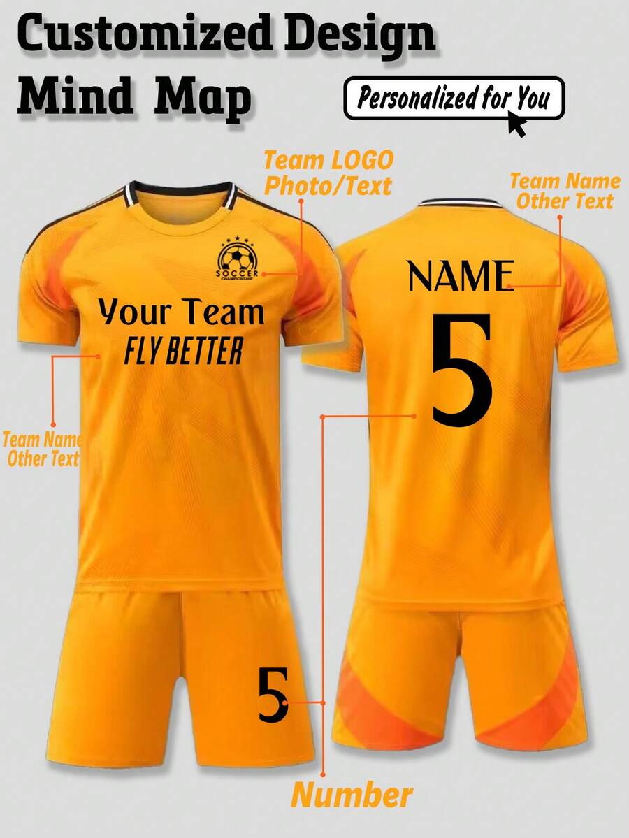 2pcs/Set Personalized 2425 Season Orange Men's RM Away Style Football Jersey - Customized Name, Number And Team Logo Print Short Sleeve T-Shirt + Shorts Training Sports Suit, Fashionable Casual, Suitable As Gift For Boyfriend, Family, Friends, Applicable For Birthday, Holiday/Festival, School/Match, Spring/Summer Sports/Climbing Etc. - Orange - View 1