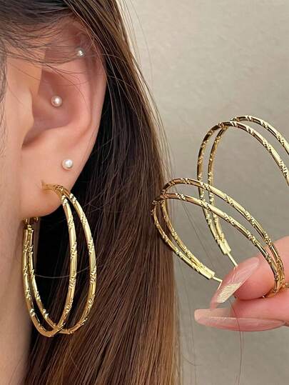 夸张金属双层耳环，优雅简约风格，闪亮金色复古性感超大耳环，女士款