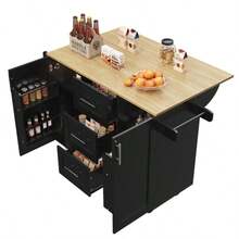 Kitchen Island, Removable Partitions, Removable Casters (Can Be Used As Kitchen Furniture), Serving Cart With Worktop, Sideboard, Wood-Finish Serving Cart, Side Towel Rack On Casters, Black