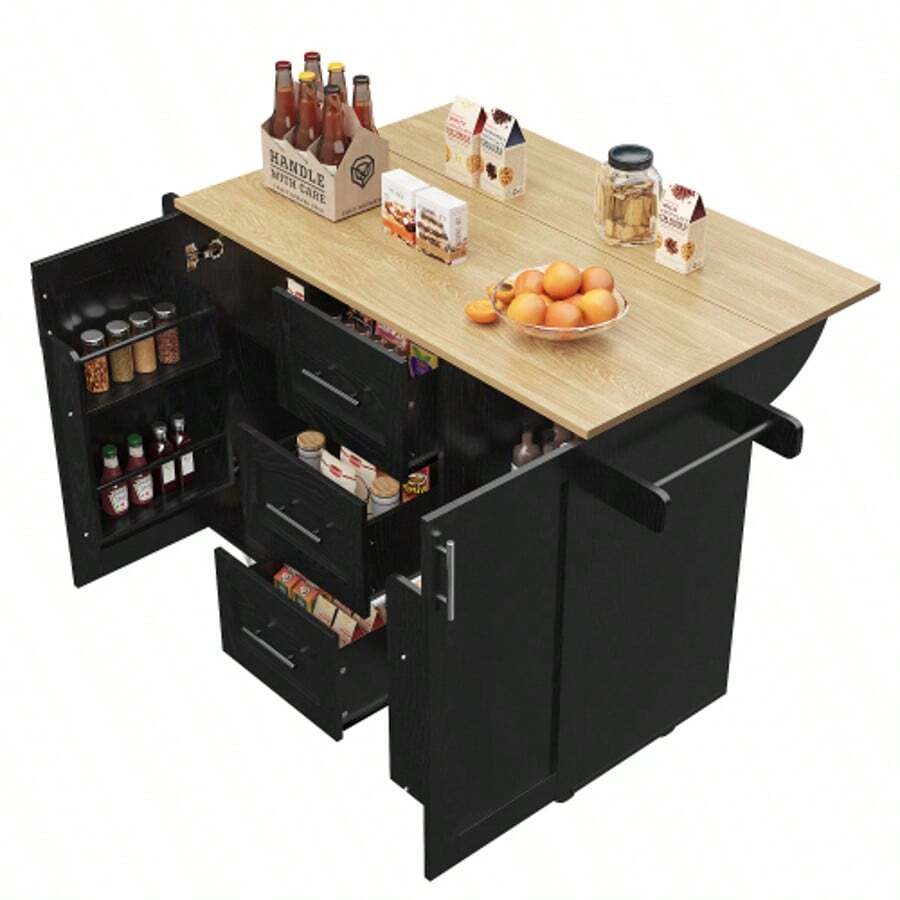 Kitchen Island, Removable Partitions, Removable Casters (Can Be Used As Kitchen Furniture), Serving Cart With Worktop, Sideboard, Wood-Finish Serving Cart, Side Towel Rack On Casters, Black