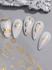 2张烫印美甲贴纸，星月图腾太阳系Y2K金银色太阳图案，背胶DIY美甲贴花 - 彩色 - 查看 7