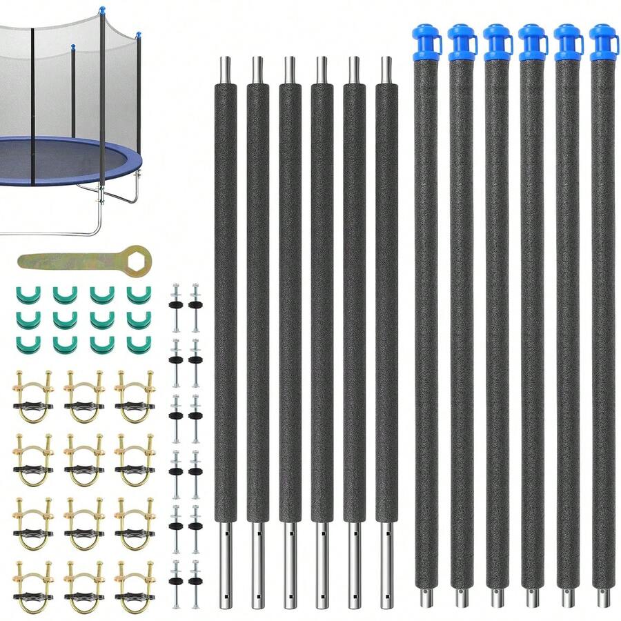 GCCSJ Trampoline Net Replacement,6-Piece Heavy Duty Universal Trampoline Straight Bar Replacement Set - Includes Foam Sleeves, Bar Caps, Clips & Hardware, Fits 8-16 Ft Trampoline Frames, Durable Trampoline Accessory Kit