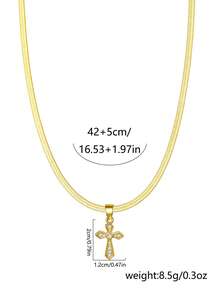 1pc Women's Pendant Necklace, Minimalist Layered Style, Stainless Steel Flat Chain With Cubic Zirconia Cross Pendant, Versatile Daily Wear, Gift Accessory - Yellow Gold - View 9