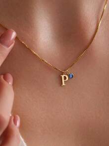 18K Gold Plated Stainless Steel Personalized Initial Necklace With Birthstone, Comes With Box Chain, Elegant Letter Birthstone Necklace, Birthstone Jewelry, Initial Necklace Gift For Her, Birthday Gift For Her, Valentine's Day Gift - Gold - View 7