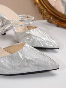 Nuevos zapatos de tacón alto con punta de rhinestone minimalista, tacón delgado, elegante y versátil, para primavera/otoño - Plateado - Ver 4