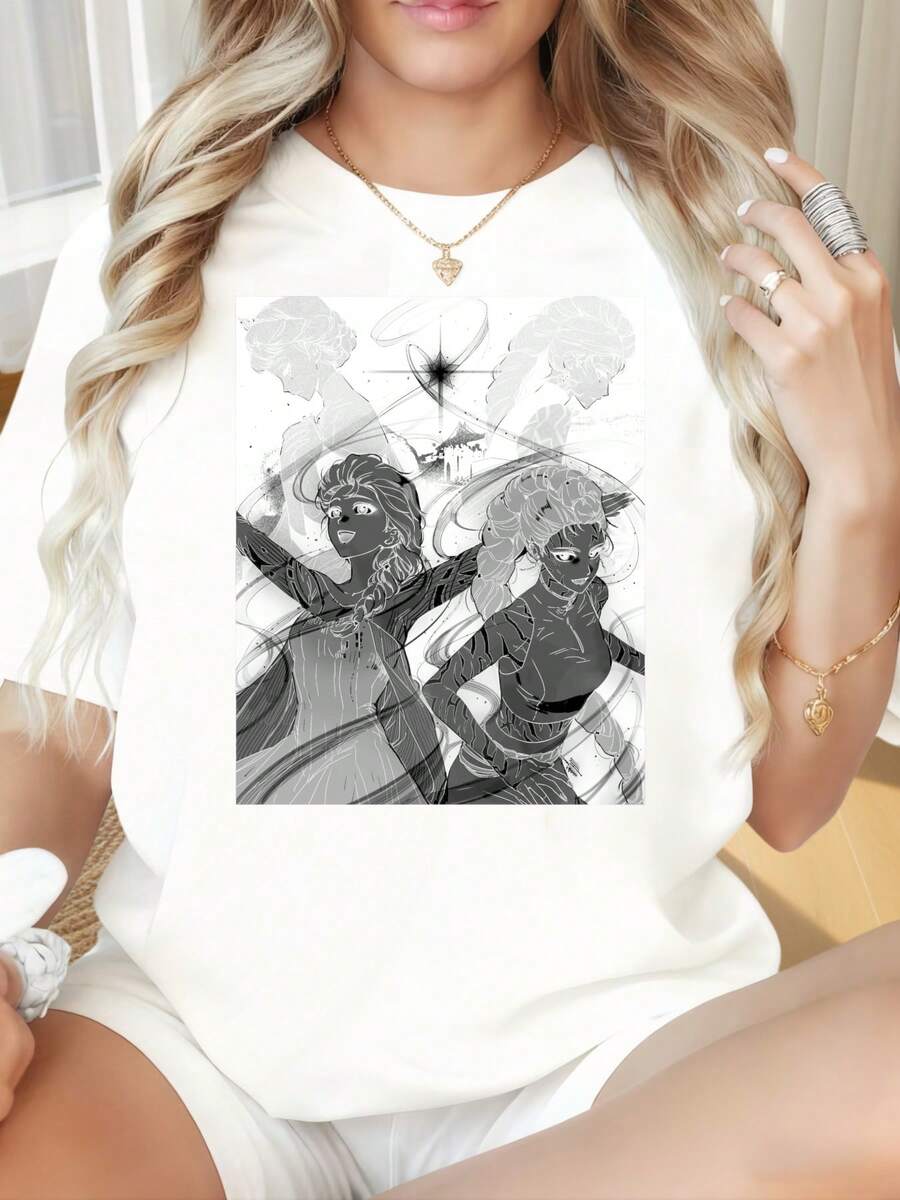 Frozen  And Anna T Shirt Women Cartoon Character Graphic Tee Summer Casual White Top - 白色 - 查看 1