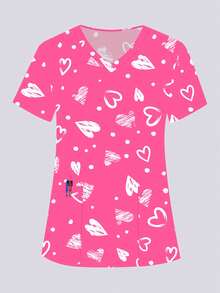cimmuovere Plus Size Women's V-Neck Loose Short Sleeve Cute Heart Print Dual Pocket Scrubs Nurse Scrubs Workwear Dentist Healthcare Pet Hospital Laboratory Top Pink Spring - Pink - View 8