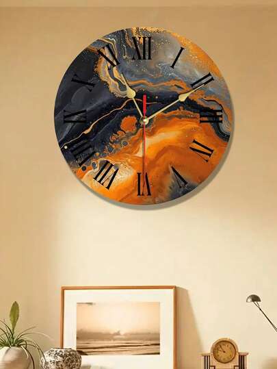 1pc 10/12 Inch Round Wooden Wall Clock, Marble Style Orange Unique Home Decor, Gray Home Decor, Contemporary New Home Or Office Gift