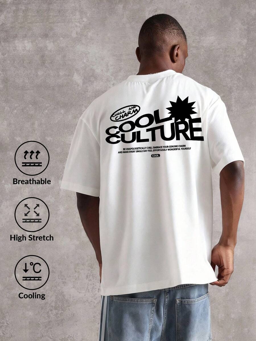 Camvyn 男士休闲时尚街头印花落肩宽松透气短袖T恤，夏季 - 白色 - 查看 1