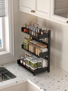 1pc Multipurpose Kitchen Countertop Spice Rack, Knife Holder, Kitchen Organizer Shelf, Suitable For Home, Kitchen And Dining Room Kitchen Items Kitchen Accessories Kitchen Tools - Black - View 7