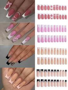 24pcs Acrylic French Manicure Medium Square Press-On Nails Set, Y2K Red Heart Shaped Artificial Nails, Suitable Nail Salons, Teenage Girls And Women Daily Wear And Holiday Party Decoration, Set - 多色 4 - 查看 3