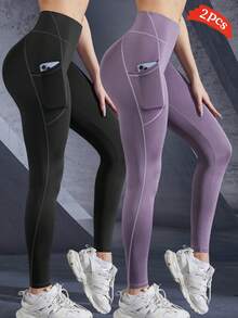 2pcs Sports Yoga Pants With 9" Pocket, Patchwork Yoga Leggings Suitable For Fitness, Exercises, Outdoor Activities - Đen + Nâu Tím - Xem 1
