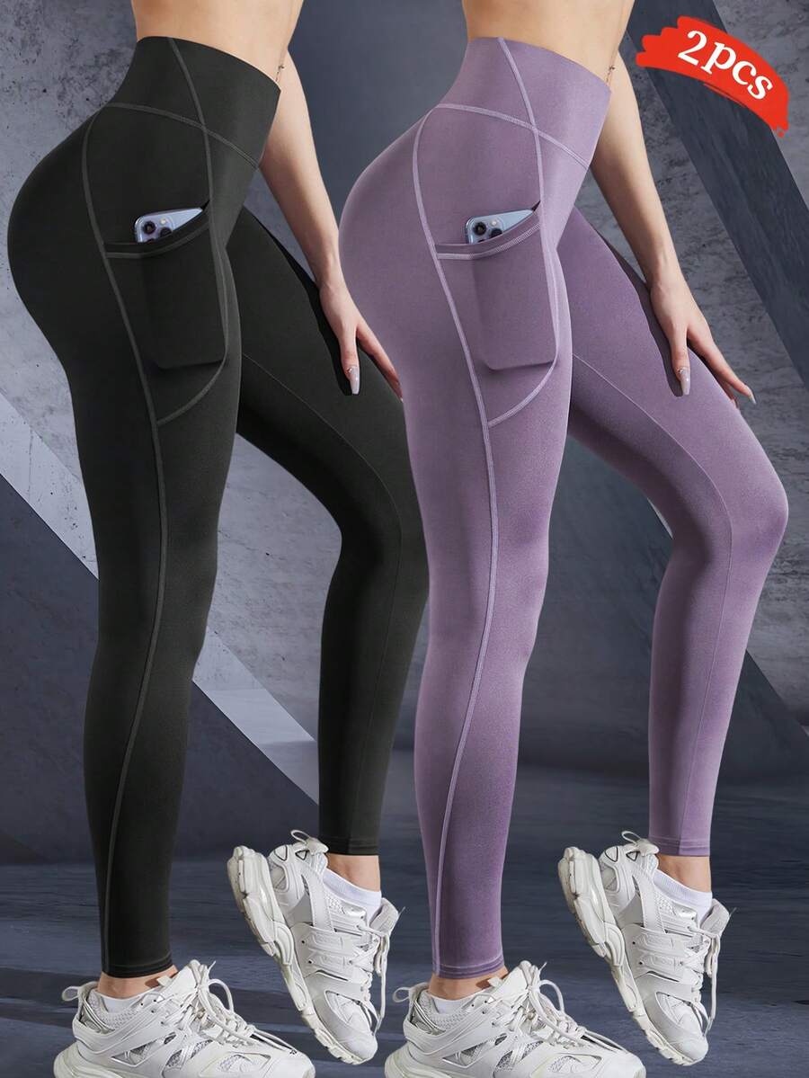 2pcs Sports Yoga Pants With 9" Pocket, Patchwork Yoga Leggings Suitable For Fitness, Exercises, Outdoor Activities - Đen + Nâu Tím - Xem 1