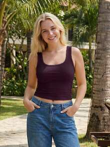 Women Ribbed Tank Tops Slim Fit Solid Color Scoop Neck Crop Sleeveless Shirts For Summer Going Out - Burgundy - View 6