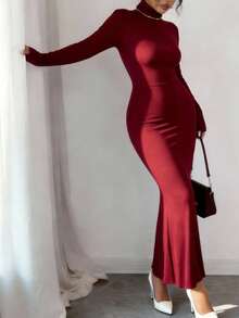 Solid Color Casual High Neck Dress - Burgundy - View 7