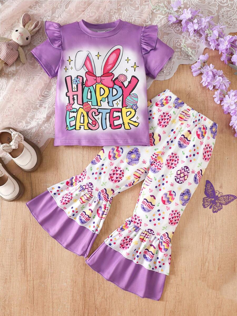 Bộ 2 món cho bé gái, kiểu dáng thường ngày, in chữ "HAPPY EASTER" (Chúc mừng Lễ Phục Sinh) với họa tiết tai thỏ, nơ, ngôi sao, trứng và hoa, chất liệu vải mềm mại, tay ngắn và quần ống loe, thích hợp mặc ngoài trời, mùa xuân/hè. - Nhiều màu - Xem 1