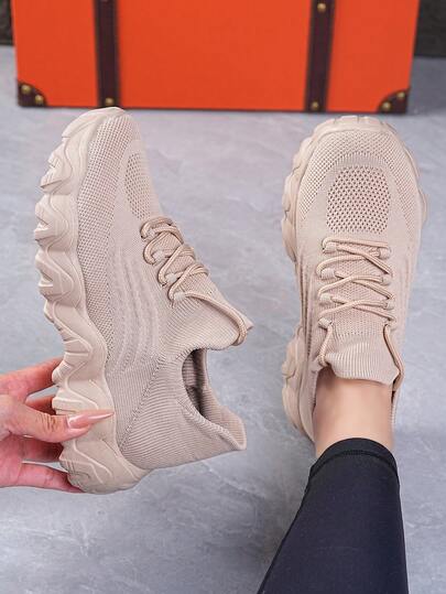 Women's Thick Sole Comfortable Lace-Up Chunky Sneakers, Round Toe Platform Casual Shoes, Versatile Breathable Chunky Sole Sock Shoes, Plus Size