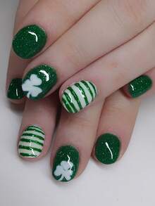24pcs Square Press On Fake Nails Green And Black Short Nail Creative Green Shamrock Clover Fake Nails St. Patrick's Day Nails - Multicolor - View 1