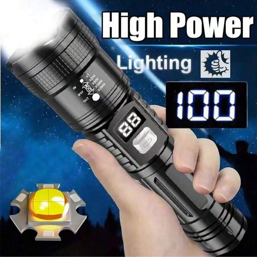 1pc High Power Long Range LED Flashlight, Tactical Light With LCD Battery Display, USB Rechargeable, Adjustable Zoom, Camping Lamp