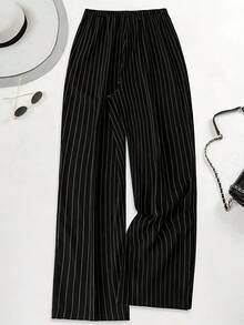 Pantalon large à taille haute rayé noir pour femmes avec taille élastique, cordon décoratif, poches, pantalon d'été décontracté - Noir - Voir 2