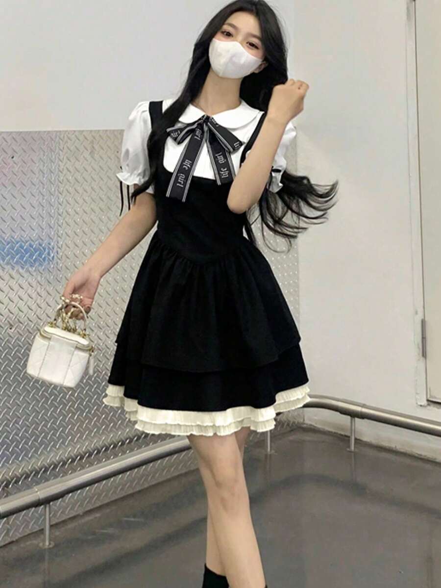 Collegiate Style 2 In 1 Cinching Waist Bow Decor Dress (With Tie) Black Elegant Summer - Black - View 1
