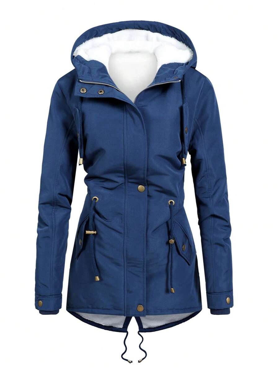 Alpha Camp 女士休闲通勤连帽拉链羽绒服，带保暖内衬和抽绳腰带，适合秋冬季穿着 - 藏蓝色 - 查看 1