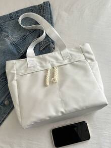 Bolsa de mão moderna em cor sólida, bolsa de ombro casual com contraste de cores, mochila para estudantes de literatura, adequada para mulheres e estudantes, pode ser usada para carregar livros, fazer compras, ir à escola, etc. - Branco - Ver 4