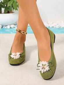 Women's Sweet Square Toe Flat Shoes, Korean Style, New Summer Design - Green - View 4