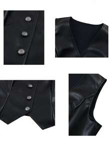 Women's Solid Color PU Front Button Sleeveless Vintage Top Casual Black Summer - Black - View 7