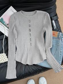 法式圆领镂空针织衫，休闲修身长袖内搭，适合早春穿着 - 灰色 - 查看 2