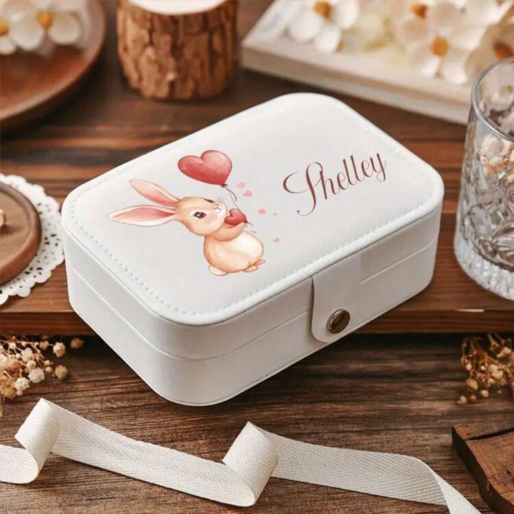 1个兔子造型仿皮首饰收纳盒，适合存放戒指、耳环、手镯、项链等首饰，便携式礼盒，是送给女性的理想礼物，适合生日、节日、周年纪念日、新年祝福和斋月礼物。 - 彩色 - 查看 3