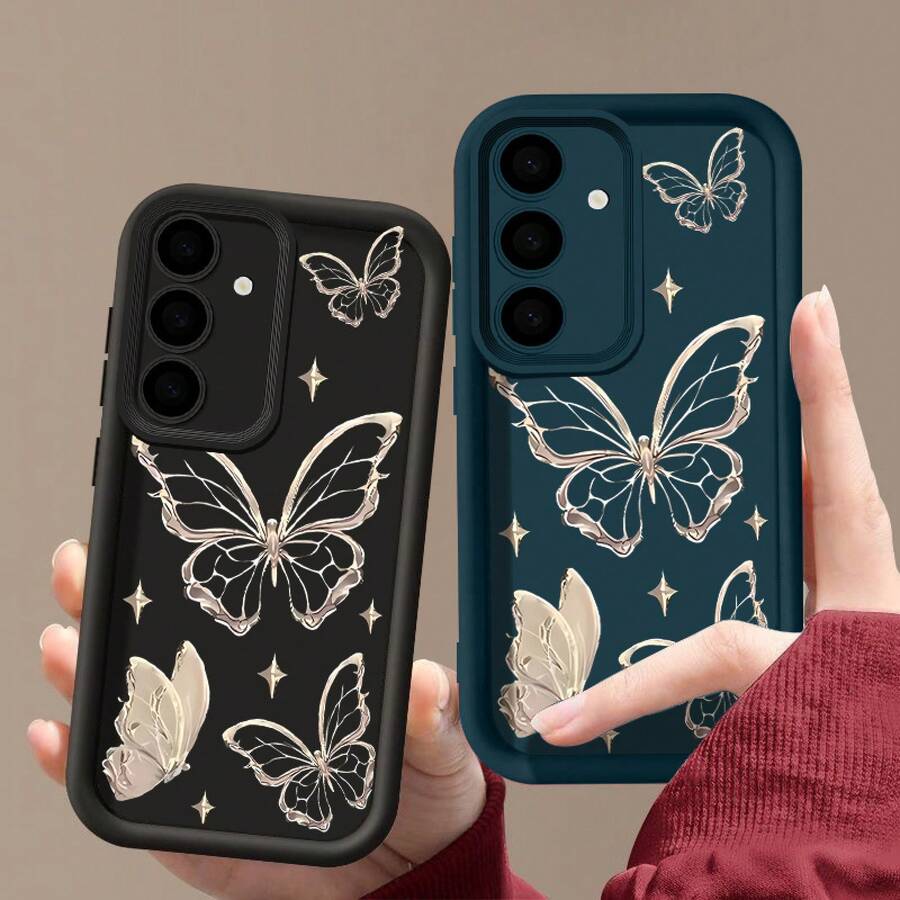 Compatible With Samsung S25FE Metal Line Butterfly Phone Case Solid Color S24 Sky Eye Step Full Protection Cover - Coffee Brown - View 1