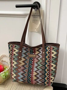 1个咖啡棕色手提包，全新设计，金属配件装饰，复古撞色，大容量女士单肩包 - 咖啡棕 - 查看 7