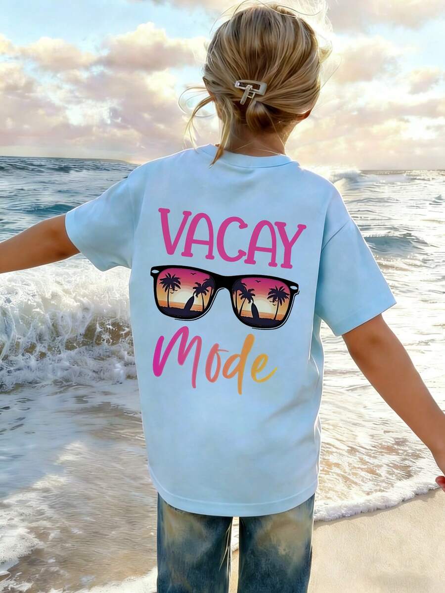 青少年女童男童夏季休閒圓領印花短袖T恤，適合學生與兒童，海灘椰子樹度假主題T恤，激發想像力與自我表達！夏季圖案T恤