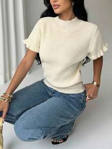 VIBEWAVE 春季高领针织短袖打底衫，女士休闲通勤上衣 - 米色 - 查看 5