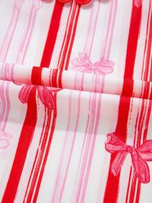 Women's Pink Ric-Rac Trim Ruffle Sleeve V Neck Bow Striped Blouse Sweet Tops Valentines Days Shirt Top - Hot Pink - View 9