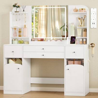 HEXCELEN Kaptafel met ledverlichting, stopcontact en föhnhouder, groot tafelblad, kaptafel met 2 grote lades met sieradenbakje, 2 kastjes, wit