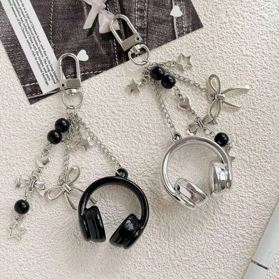 1pc Unisex INS Style Music Earphone Keychain, Microphone Guitar Music Note Keyring, Unique Phone Chain Bag Car Holder, Music Festival Music Lover Car Accessories Bag Charm Backpack School Cute Goth Y2k - 彩色 - 查看 1
