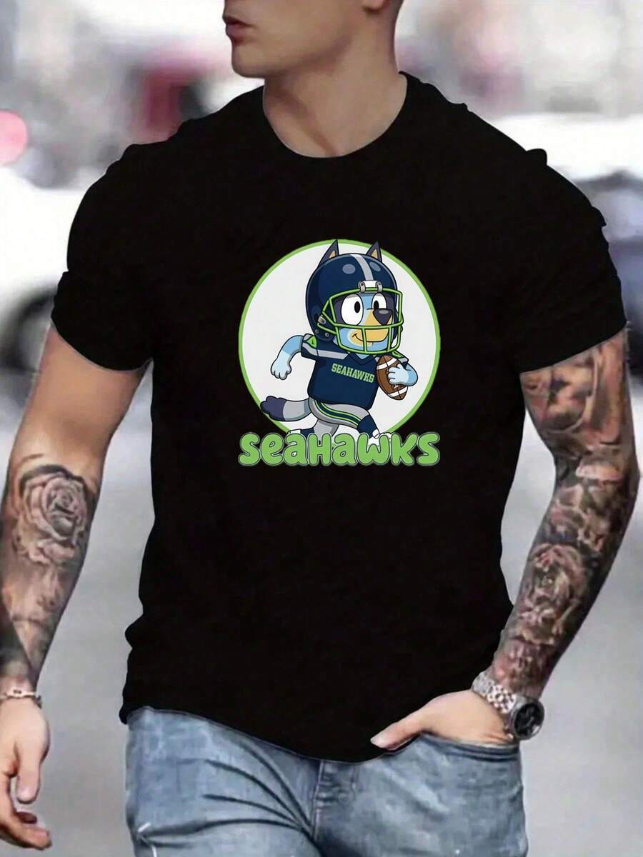 Men's SeattleSeahawks Fan Graphic Tee ,Seahawks Football T-Shirt, Cool Popular, Fashion, Gift For Football Fan, Men'S And Women's Graphic T-Shirt,Casual Sport Attire - Machine Washable, Seahawks Gift For Men - 黑色6 - 查看 1