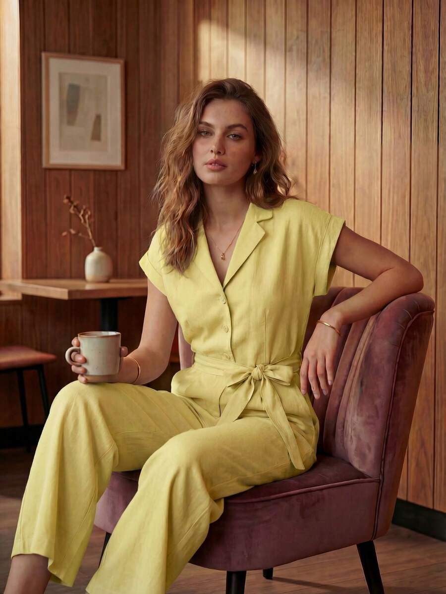 A&DD MODA, REF: AS1766 - Women's Plain Jumpsuit, V-Neck, With Belt And Pockets. Casual Women's Jumpsuit, Wide-Leg Style, Short Sleeves. - 黃色 - 查看 1