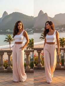 Simple Pocket, Contrasting Waistband, Zipper, Close-Up - Beis - Ver 5