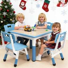 Conjunto moderno de mesas y 4 sillas para niños, 58 cm, altura regulable, 4 sillas con patas de escritorio antideslizantes y organizador, escritorio graffiti, mesas multifuncionales para guardería - Azul menta - Ver 3