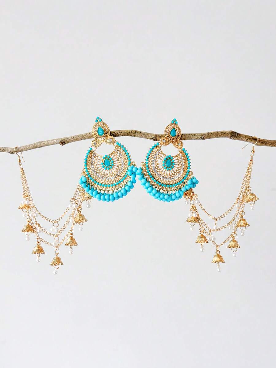 Exquisite Bohemian Style Water Droplet Pendant Earrings,Faux Pearl Tassel Ear Chain, Bridal Gold Plated With Rhinestones Inlaid Earrings Jewelry Suitable For Women's Wedding,Party,Daily Wear - Pendant Type - View 1