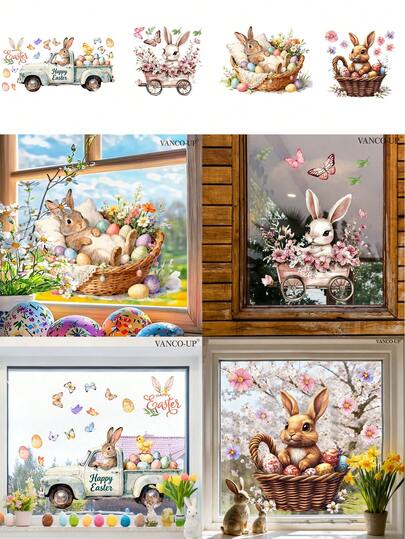 1 Stück Oster-Hase, Schmetterling, Eikorb, Auto-Themen Fensteraufkleber, Oster-Feiertags-Elemente, statischer Glashaftaufkleber, geeignet für Zimmer, Zuhause, Bad, Schlafzimmer, Wohnzimmer, Küche Dekoration