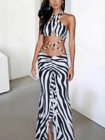 DOUCIU斑马纹印花露背长款荷叶边连衣裙，优雅派对海滩度假装扮